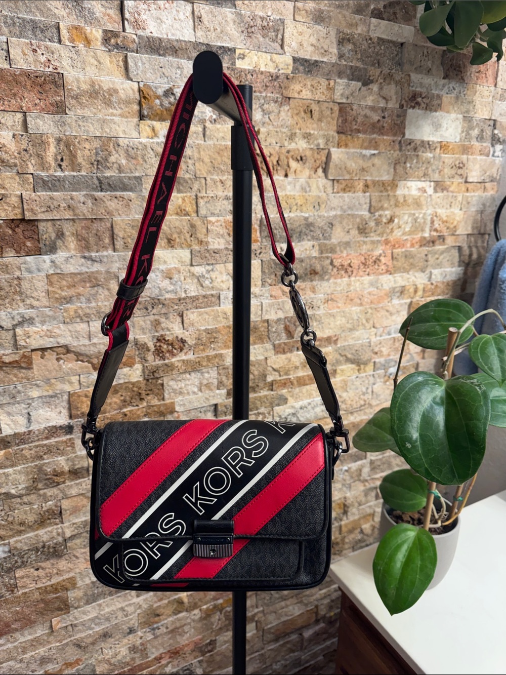 Michael Kors Black & Red Diagonal Logo Stripe Crossbody